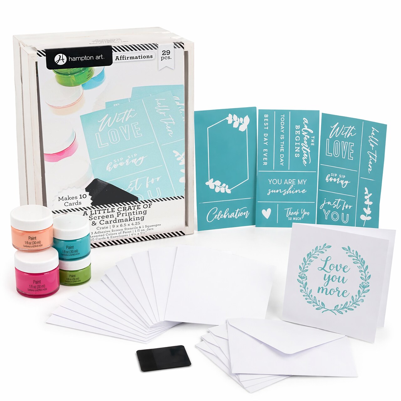 Hampton Art Little Crate Screen Printing Affirmations Card Making Kit 29 Piece, DIY Positive Affirmation Cards with Stencils and Paint, Makes 10 Cards, Today Is The Day You Are My Sunshine